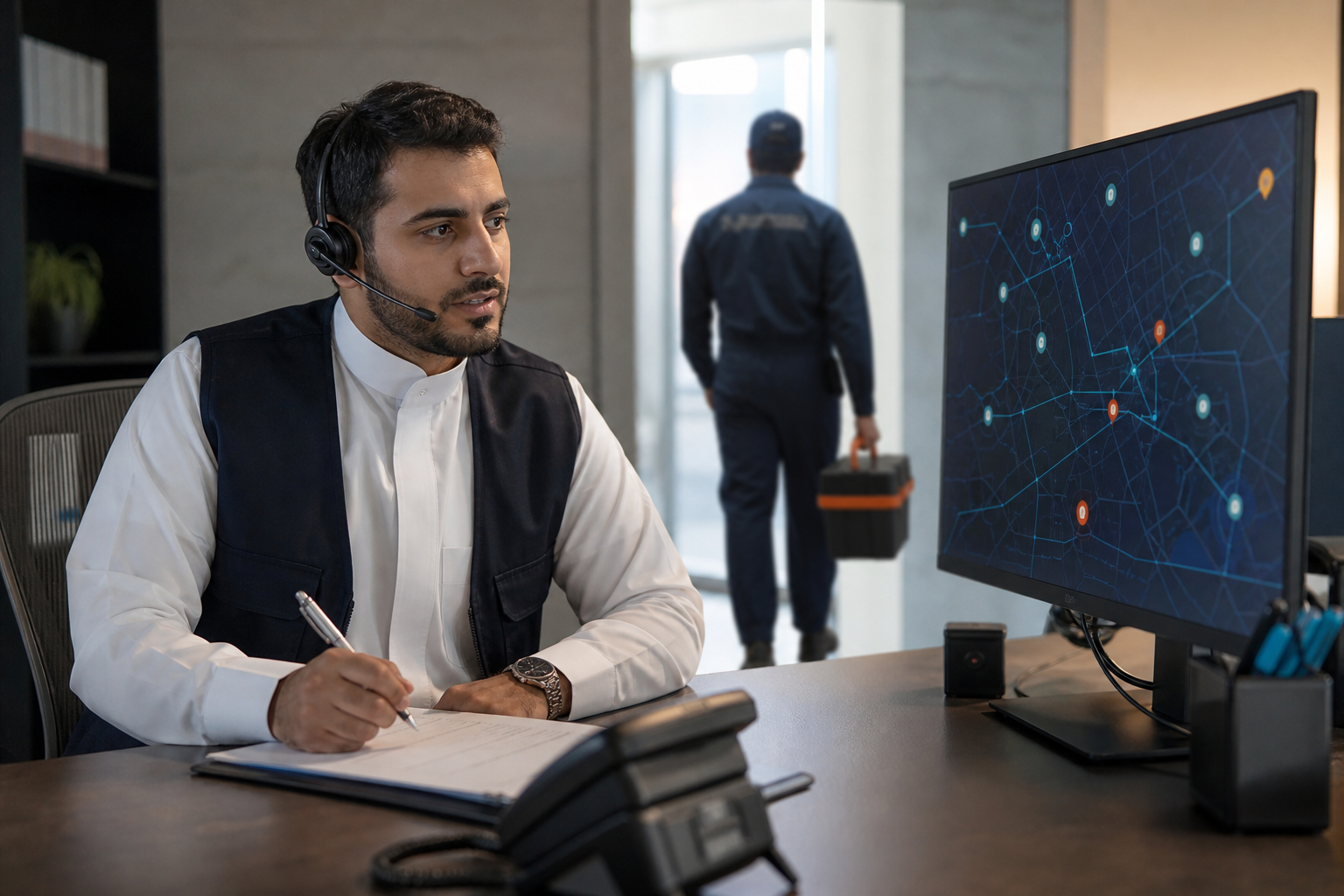 منسق بلاغات سباكة يراجع بيانات تسرب مياه